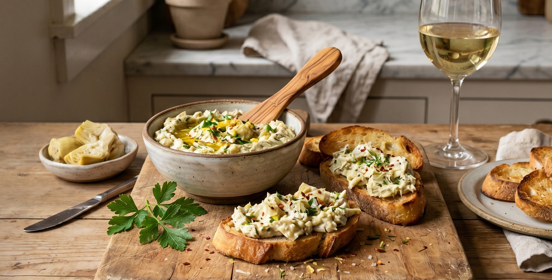 Val's Homemade Artichoke Spread garnished with olive oil, parsley, and red pepper flakes and served with toasted crostini