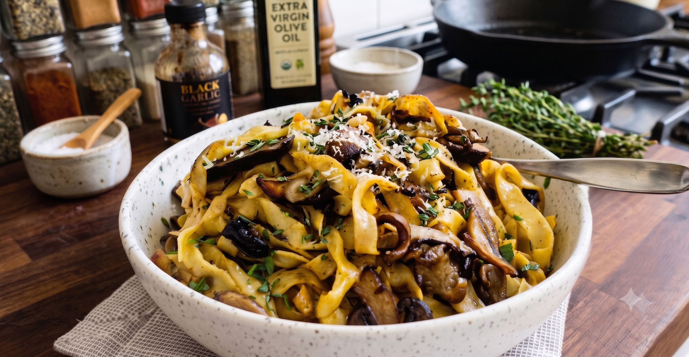 Black Garlic Infused Pasta with Mushrooms