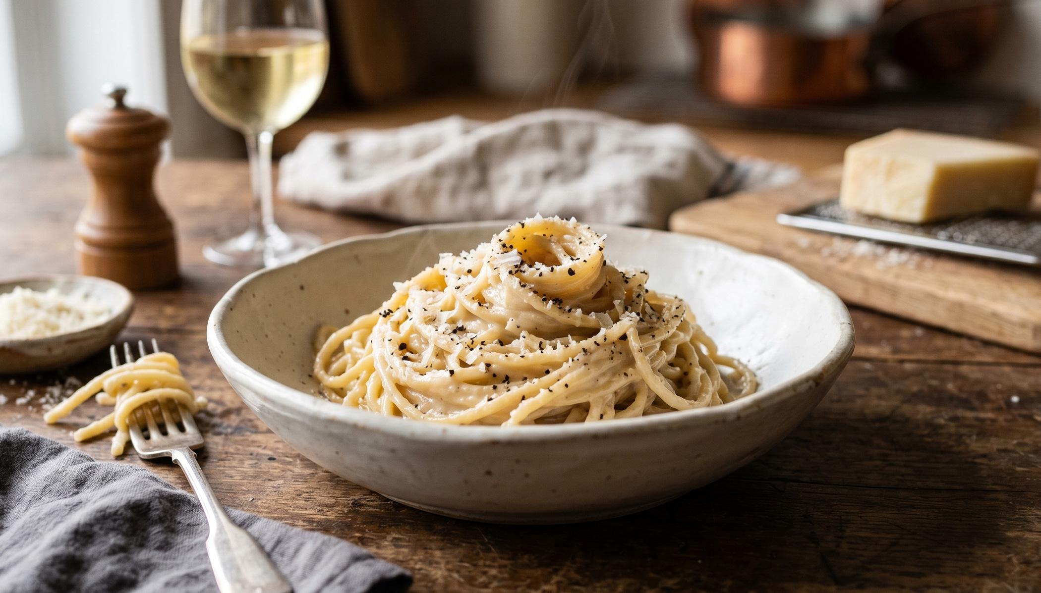 Fresh Semolina Pasta with Val's Cacio e Pepe Sauce, Pecorino Romano, Parmesan, and cracked black pepper