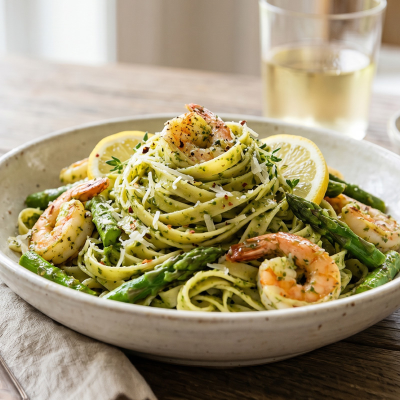 Lemon-Thyme Pasta with Pesto Shrimp & Asparagus